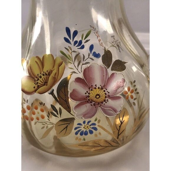 VTG Floral Painted Yellow Glass Pitcher Gold Trim 7.25" - Picture 2 of 12
